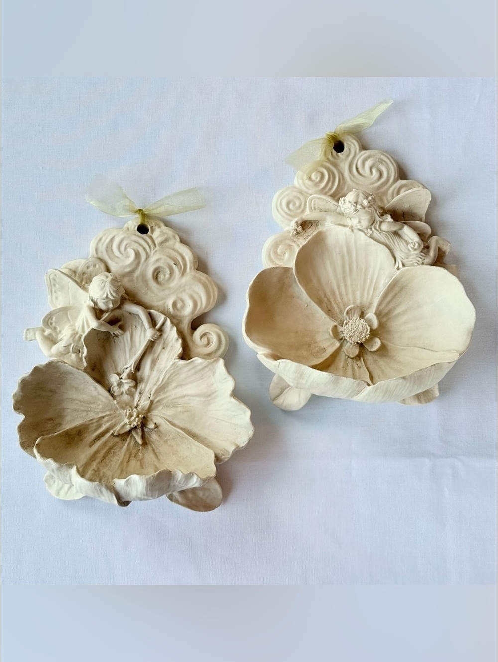 Vintage Floral Wall Plaques Set of 2 | Cherub Fairy & Flower Wall Decor